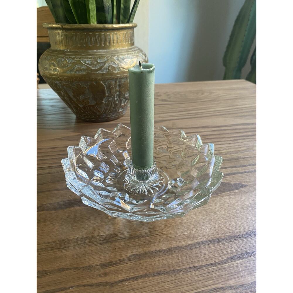 Vintage Fostoria Glass Cubist Footed Candle Holder Glass Taper Candle Holder